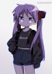  1girl backpack bag bangs black_shorts black_sweater commentary_request eyebrows_visible_through_hair haaam hair_ribbon hand_on_hip highres hiiragi_kagami long_hair long_sleeves looking_at_viewer lucky_star purple_eyes purple_hair red_ribbon ribbon shorts sleeves_past_wrists solo sweater thighs twintails 