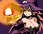  1girl black_sclera blazblue breasts cleavage colored_sclera dress hat hiru_made_ne-tarou konoe_a._mercury large_breasts long_hair pink_hair simple_background solo witch_hat yellow_eyes 