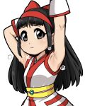  1girl ainu_clothes armpits black_eyes black_hair bow breasts closed_mouth hair_bow hairband hiru_made_ne-tarou long_hair looking_at_viewer nakoruru red_bow samurai_spirits simple_background solo sweat white_background 