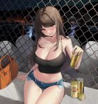  1girl alcohol arm_support bag bangs bare_arms bare_shoulders beer beer_can black_shirt blue_shorts blush breasts brown_eyes brown_hair camisole can chain-link_fence cleavage collarbone crop_top cutoffs denim denim_shorts exposed_pocket fence handbag head_tilt highres large_breasts long_hair micro_shorts midriff navel night night_sky open_mouth original shirt short_shorts shorts sitting sky sleeveless sleeveless_shirt smile somyo_(s0my0) spaghetti_strap stomach strap_gap strap_slip sweat tetrapod thigh_gap thighs water wet 