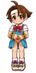  1girl bow brown_eyes brown_hair closed_mouth full_body headband justice_gakuen looking_at_viewer panties school_uniform shoes short_hair simple_background skirt smile sneakers solo taiyou_gakuen_uniform underwear wakaba_hinata white_background white_headband yuuya_(blue_scarab) 