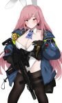  1girl absurdres alternate_costume ammunition_pouch animal_ears ascot assault_rifle bangs black_gloves black_legwear blue_jacket blush closed_mouth earrings eyebrows_visible_through_hair fake_animal_ears feet_out_of_frame girls&#039;_frontline gloves gun hair_ornament hairclip hand_on_own_chest heart heart_earrings highres holding holding_gun holding_weapon holster jacket jewelry leotard long_hair looking_at_viewer mole mole_under_eye open_clothes open_jacket pink_hair playboy_bunny police police_uniform policewoman pouch pz-15 rabbit_ears red_eyes rifle sig_mcx_(girls&#039;_frontline) sig_sauer_mcx solo standing thighhighs uniform weapon white_background white_leotard 