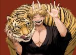  1boy animal bare_pectorals black_nails blush closed_eyes collarbone demon_horns eyebrows_visible_through_hair fangs fingernails gakudayo highres horns long_fingernails long_sleeves male_focus muscular muscular_male oni open_mouth original pectorals red_background simple_background teeth tiger tongue tongue_out upper_body very_long_fingernails waving wide_sleeves yellow_eyes 