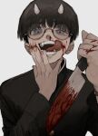  1boy bandaid bandaid_on_arm black_hair blood blood_on_face blood_on_hands blood_on_weapon blue_eyes blush brown_hair fangs fingernails gakudayo glasses grey-framed_eyewear grey_background highres holding holding_knife holding_weapon horns knife licking_lips looking_at_viewer male_focus nosebleed oni open_mouth original piercing reverse_grip round_eyewear simple_background solo tongue tongue_out tongue_piercing weapon 