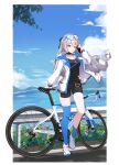  1girl absurdres ai_ke_le_de_xiao_hong asymmetrical_legwear bangs bicycle bike_shorts black_choker black_shirt black_shorts blue_legwear blue_sky bronya_zaychik choker cloud cloudy_sky full_body goggles goggles_on_head grey_eyes grey_hair ground_vehicle highres holding holding_phone honkai_(series) honkai_impact_3rd jacket jewelry long_hair long_sleeves looking_at_viewer mismatched_legwear mountainous_horizon necklace open_mouth outdoors phone road shirt shoes shorts sky sneakers solo standing water white_footwear white_jacket 