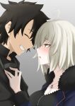  1boy 1girl ahoge black_dress black_hair black_shirt blue_coat blush breasts closed_eyes coat commentary_request dress eyebrows_visible_through_hair fate/grand_order fate_(series) from_side fujimaru_ritsuka_(male) fujimaru_ritsuka_(male)_(polar_chaldea_uniform) fur-trimmed_coat fur-trimmed_sleeves fur_trim grey_hair grin hand_on_another&#039;s_chest heart heart_ahoge height_difference highres jeanne_d&#039;arc_alter_(fate) jeanne_d&#039;arc_alter_(ver._shinjuku_1999)_(fate) jewelry large_breasts long_sleeves necklace profile sawatarou_(roto) shirt short_hair smile teeth upper_body yellow_eyes 