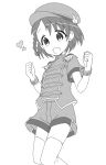  1girl bangs braid child clenched_hands commentary_request dot_nose epaulettes eyebrows_visible_through_hair flat_chest greyscale hands_up hat heart idolmaster idolmaster_cinderella_girls legs looking_down monochrome open_mouth sasaki_chie shirt short_hair short_sleeves shorts solo takami_ryou thighhighs thighs white_background wristband 