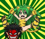  1girl animal_ears animal_hands animal_print armpits breasts cat_ears cat_tail cham_cham convenient_censoring full_body gloves green_eyes green_hair hiru_made_ne-tarou long_hair looking_at_viewer open_mouth paw_gloves paw_shoes samurai_spirits small_breasts smile solo tail tiger_print 