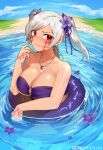  1girl artist_name bare_shoulders bikini birthmark blush breasts chocojax cleavage collarbone dark_persona eyebrows_visible_through_hair eyes_of_grima facial_mark fire_emblem fire_emblem_awakening fire_emblem_heroes flower full-face_blush grey_hair grima_(fire_emblem) hair_flower hair_ornament highres innertube jewelry large_breasts looking_at_viewer necklace o-ring o-ring_bikini o-ring_top official_alternate_costume partially_submerged robin_(fire_emblem) robin_(fire_emblem)_(female) solo swimsuit twintails water 