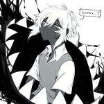  basil_(omori) collared_shirt dark_skin highres kazuukarazu messy_hair monochrome monochrome_background non-web_source omori shirt something_(omori) sweater_vest teeth white_shirt 