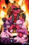  2021 accessory big_macintosh_(mlp) blonde_hair bottomless bumblebun chair cheerilee_(mlp) cigar_in_mouth clenched_teeth clothed clothing cosplay cutie_mark digital_media_(artwork) duke_nukem duke_nukem_(series) equid equine eyewear female fire fire_background friendship_is_magic fur furniture green_eyes group hair hair_accessory hasbro horn horse leg_grab male male/female mammal mohawk my_little_pony nude pink_hair pony purple_body purple_eyes purple_fur purple_hair red_body red_clothing red_fur red_shirt red_tank_top red_topwear shirt signature sitting smile sugar_belle_(mlp) sunglasses tank_top teeth throne topwear unicorn video_games 