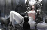  1girl animal animal_ear_fluff animal_ears arknights arms_up black_cat black_footwear black_jacket breasts cat cat_ears fangs feet_out_of_frame grey_hair hair_over_one_eye haowei_wu highres jacket large_breasts leaning_back long_hair looking_at_viewer navel no_bra official_alternate_costume on_ground open_clothes open_jacket open_mouth outdoors pants rain schwarz_(arknights) schwarz_(skyline)_(arknights) sitting solo spread_legs thigh_strap tight tight_pants unzipped v-shaped_eyebrows very_long_hair white_pants yellow_eyes 