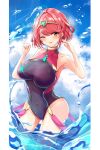  1girl absurdres bangs black_swimsuit breasts chest_jewel competition_swimsuit headpiece highres karuushi large_breasts one-piece_swimsuit pyra_(pro_swimmer)_(xenoblade) pyra_(xenoblade) red_eyes red_hair red_swimsuit ribbed_swimsuit short_hair solo strapless strapless_swimsuit swept_bangs swimsuit tiara two-tone_swimsuit xenoblade_chronicles_(series) xenoblade_chronicles_2 