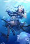  1girl absurdres ads_(girls&#039;_frontline) animal anklet arm_up asymmetrical_legwear barefoot blue_dress blue_eyes blue_hair closed_mouth commentary dress dress_straps facial_tattoo full_body girls&#039;_frontline gloves hair_ornament hairband highres in_water jellyfish jewelry light_rays long_hair looking_at_viewer mechanical_legs nalua_h ocean ponytail prosthesis prosthetic_leg puffy_sleeves russian_text sea_turtle see-through see-through_dress side_ponytail sidelocks single_mechanical_leg solo strap sunlight tattoo thighs translation_request turtle very_long_hair water white_gloves 