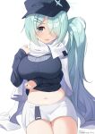  1girl aqua_hair blue_archive blue_eyes blue_hair blue_headwear blue_sweater breasts dated gradient_hair hair_ornament hair_over_one_eye hairclip hat highres hirota_fruit hiyori_(blue_archive) large_breasts long_hair long_sleeves looking_at_viewer midriff multicolored_hair navel scarf shorts side_ponytail simple_background sitting solo sweater tears thighs twitter_username white_background white_scarf white_shorts 