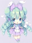  1girl :d animal animal_ears animal_slippers apron bangs blue_bow blue_eyes blush bow bunny_slippers chibi commentary_request commission drill_hair eyebrows_visible_through_hair eyes_visible_through_hair frilled_apron frills full_body green_footwear green_hair grey_background hair_bow izuminanase long_hair looking_at_viewer miruku_(cutesuu) original pleated_skirt puffy_short_sleeves puffy_sleeves purple_bow purple_legwear purple_skirt rabbit rabbit_ears ribbed_legwear shirt short_sleeves simple_background skeb_commission skirt slippers smile socks suspender_skirt suspenders very_long_hair white_apron white_shirt wrist_cuffs 