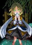  1girl arm_warmers blonde_hair blush dark eyebrows_behind_hair feet_out_of_frame fence glowing glowing_eyes green_eyes highres keiki8296 long_hair looking_at_viewer mizuhashi_parsee scarf skirt soaking_feet solo tearing_up touhou 