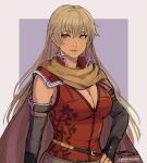  1girl absurdres artist_name bangs bare_shoulders blonde_hair breasts brown_eyes cape cleavage closed_mouth cm_lynarc commentary commission dark-skinned_female dark_skin elbow_gloves fingerless_gloves fire_emblem fire_emblem:_the_binding_blade fire_emblem_heroes gloves hand_on_hip highres igrene_(fire_emblem) light_smile lips long_hair looking_at_viewer medium_breasts mole mole_under_eye purple_background shiny shiny_hair signature simple_background sleeveless smile solo upper_body 