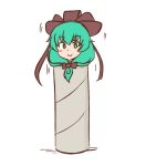  1girl :3 blush_stickers bow green_eyes green_hair hat kagiyama_hina long_hair looking_at_viewer mizusoba simple_background solo toilet_paper_tube touhou white_background 