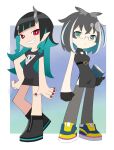  2girls akitetsu animare bangs black_dress black_footwear black_hair blue_footwear blue_hair book breasts bright_pupils china_dress chinese_clothes closed_mouth crossed_bangs demon_girl demon_horns dress expressionless eye_of_providence eyebrows_visible_through_hair flat_chest full_body glasses green_eyes grey_hair grey_legwear grin highres holding holding_book horns long_hair looking_at_viewer medium_breasts multicolored_footwear multicolored_hair multiple_girls oura_rukako panty_&amp;_stocking_with_garterbelt parody pointy_ears rectangular_eyewear red_eyes shishio_chris shoes short_dress short_sleeves sleeveless sleeveless_dress smile sneakers standing streaked_hair sugar_lyric thighhighs two-tone_hair virtual_youtuber white_hair white_pupils yellow_footwear 