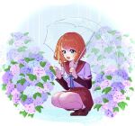  1girl :d aqua_eyes bangs blonde_hair blue_ribbon blunt_bangs breast_pocket brown_footwear brown_sleeves eyebrows_visible_through_hair flower flower_request haruna_konomi holding holding_umbrella kamihama_university_affiliated_school_uniform layered_sleeves leaf long_sleeves looking_at_animal magia_record:_mahou_shoujo_madoka_magica_gaiden mahou_shoujo_madoka_magica maji_0023 multicolored_hair neck_ribbon orange_hair pink_flower pleated_skirt pocket poodle purple_flower rain red_sailor_collar red_skirt ribbon sailor_collar school_uniform serafuku shirt shoes short_hair short_over_long_sleeves short_sleeves skirt smile snail socks solo squatting streaked_hair swept_bangs transparent transparent_umbrella umbrella water white_legwear white_shirt 