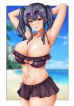  1girl absurdres armpits azur_lane bikini_skirt black_hair blush breasts brown_eyes cleavage collarbone eyewear_on_head highres huge_breasts long_hair looking_at_viewer navel outdoors outside_border parted_lips pola_(azur_lane) presenting_armpit solo sunglasses swimsuit takeshiki_no_hirata twintails 