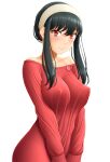  1girl bangs bare_shoulders black_hair blush breasts closed_mouth collarbone commentary_request earrings gold_earrings hairband highres jewelry large_breasts long_hair looking_at_viewer off-shoulder_sweater off_shoulder red_eyes red_sweater short_hair_with_long_locks sidelocks simple_background sin-go smile solo spy_x_family sweater upper_body white_background white_hairband yor_briar 