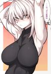  1girl armpits arms_up black_leotard breasts closed_mouth commentary_request fate/grand_order fate_(series) gradient gradient_background highres ishibori_eregomos jeanne_d&#039;arc_alter_(fate) large_breasts leotard looking_at_viewer orange_background short_hair simple_background solo speech_bubble translation_request two-tone_background upper_body white_background white_hair yellow_eyes 