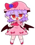  1girl ascot bat_wings blue_flower bow collared_dress dress fang flower frilled_dress frilled_shirt_collar frilled_sleeves frills hat hat_ribbon highres light_purple_hair mob_cap op_na_yarou pink_dress pink_headwear pointing pointing_at_self pointy_ears puffy_short_sleeves puffy_sleeves red_ascot red_bow red_eyes red_footwear red_ribbon remilia_scarlet ribbon short_hair short_sleeves simple_background skirt solo touhou v-shaped_eyebrows white_background white_skirt wings wrist_cuffs 