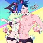  2boys abs androgynous animal_ears black_gloves blue_eyes blue_hair cocktail_glass cup dated drinking_glass eyes_visible_through_hair galo_thymos gloves green_hair highres holding holding_cup lio_fotia looking_at_viewer male_focus male_playboy_bunny mohawk multiple_boys muscular muscular_male navel nipples open_mouth promare rabbit_ears rabbit_tail short_hair sidecut size_difference smile tail thumbs_down thumbs_up tongue tongue_out topless_male twitter_username wazuka_(wzzc) yellow_eyes 