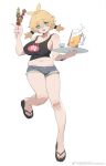  1girl alcohol antenna_hair aqua_eyes artist_name bandaid bandaid_on_knee bandaid_on_leg bangs bare_shoulders beer beer_mug blonde_hair blush breasts character_request commentary_request copyright_request cup eyebrows_visible_through_hair food full_body head_tilt holding holding_food holding_plate ice ice_cube large_breasts leg_up looking_at_viewer mug navel nori_tamahana open_mouth plate sandals short_shorts shorts simple_background skewer solo tareme twintails white_background 