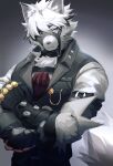  1boy absurdres animal_ears bangs eyepatch fingerless_gloves furry gloves grey_eyes grey_shirt highres looking_to_the_side shabi96522 shirt simple_background solo teeth upper_body white_fur white_hair wolf_boy wolf_ears zenless_zone_zero 