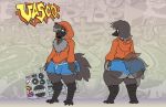  2018 anthro avian barefoot big_butt biped bird boombox bottomwear brown_eyes bulge butt clothed clothing corvid corvus_(genus) crow feathers feet front_view fully_clothed grey_body grey_feathers hi_res holding_object hoodie looking_at_viewer male oscine passerine rear_view shorts smile solo standing topwear vasco_(vdisco) vdisco wide_hips yellow_sclera 