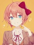  1girl blue_eyes bow brown_jacket buttons chicashidaxianyu collared_shirt colored_eyelashes doki_doki_literature_club eyebrows_visible_through_hair eyes_visible_through_hair grin hair_between_eyes hair_bow hand_up highres jacket long_sleeves open_clothes open_jacket orange_vest pink_hair red_bow sayori_(doki_doki_literature_club) shirt short_hair smile solo sparkle suit_jacket upper_body vest white_shirt white_vest yellow_background 
