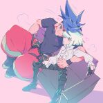  2boys androgynous arm_around_back black_gloves black_shirt blue_hair couch frilled_sleeves frills galo_thymos gloves green_hair heart knee_pads lio_fotia male_focus mohawk multiple_boys on_couch one_eye_closed promare shirt short_hair sidecut sidelocks sitting wazuka_(wzzc) white_shirt yaoi 