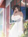 1girl arm_at_side bare_shoulders blurry blurry_background blurry_foreground blush breasts brown_hair character_request cleavage commentary_request copyright_request door dot_mouth dot_nose dress glasses highres huge_breasts jitome long_hair looking_at_viewer outdoors ryusei_hashida sidelocks solo sparkle white_dress window 