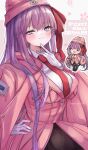  1girl absurdres bangs bb_(fate) blush breasts chibi fate/extra fate/extra_ccc fate_(series) highres large_breasts long_hair looking_at_viewer multiple_views open_mouth purple_eyes purple_hair red_ribbon ribbon smile touko_56 translation_request 