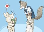  2boys 2girls artist_name beastars black_eyes blue_background blush closed_eyes commission doki english_commentary eye_contact furry green_scarf hands_on_hips haru_(beastars) heart hetero kellidraws legoshi locked_arms looking_at_another multiple_boys multiple_girls nabi rabbit scarf school_uniform short_sleeves simple_background skirt spoken_heart sweater_vest tail there_she_is!! trait_connection two-tone_background waving white_skirt wolf wolf_tail 