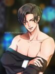  1boy artist_name black_hair black_shirt blurry blurry_background fang highres lucifer_(obey_me!) male_focus obey_me!:_one_master_to_rule_them_all! one_eye_closed pectorals red_eyes shiny shiny_hair shirt smile solo sophroniahaven twitter_username undressing 