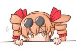  1girl bangs bare_shoulders bow covered_mouth drill_hair eyebrows_visible_through_hair eyewear_on_head face hair_bow hair_ribbon hiding holding jewelry looking_at_viewer mizusoba no_hat no_headwear no_jacket orange_eyes orange_hair red_bow red_ribbon ribbon solo sunglasses touhou twin_drills white_background yorigami_jo&#039;on 
