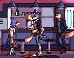  anal anal_penetration anthro avian being_watched bird bodily_fluids bottomless canid canine canis clothed clothing falco_lombardi fox fox_mccloud genitals hi_res kissing looking_at_another luraiokun male male/male mammal marty_shepard nintendo penetration penis sex stand_and_carry_position standing standing_sex star_fox video_games wolf wolf_o&#039;donnell 