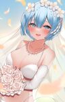  1girl :d absurdres bare_shoulders bead_necklace beads bikini blue_eyes blue_hair blush bouquet breasts bridal_veil cleavage collarbone commentary_request crying crying_with_eyes_open elbow_gloves flower gloves hair_flower hair_ornament happy_tears highres holding holding_bouquet jewelry large_breasts looking_at_viewer necklace open_mouth petals pink_flower pink_rose re:zero_kara_hajimeru_isekai_seikatsu rem_(re:zero) rose sayo_shigure_(sayosigure) short_hair smile solo swimsuit tears upper_body veil white_bikini white_flower white_gloves 