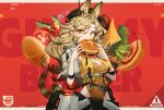  1girl animal_ear_fluff animal_ears arknights background_text bag bangs black_headwear blonde_hair blush breasts burger cat_ears cat_girl cat_tail cheese cleavage clothes_around_waist covered_navel cropped_jacket cucumber eating eyebrows_visible_through_hair food fur_trim highleg highleg_leotard highres holding holding_food jacket large_breasts leotard long_hair onion open_clothes open_jacket orange_leotard quercus_(arknights) red_background rhodes_island_logo shopping_bag solo su-85_(su_85) tail tomato twitter_username underbust white_jacket yellow_eyes 