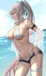  1girl arm_strap bare_shoulders bikini black_shorts blurry blurry_background breasts choker cleavage closed_eyes from_side girls&#039;_frontline grey_hair hair_ornament hairclip highres large_breasts long_hair lwmmg_(girls&#039;_frontline) micro_shorts navel ocean outdoors parted_lips ponytail selcky shorts sideboob smile solo swimsuit thigh_strap underboob water wet white_bikini white_choker 