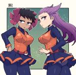  2girls ace_trainer_(pokemon) ace_trainer_(pokemon)_(cosplay) belt black_hair blue_eyes border breasts chichibu_(watson) closed_mouth commentary_request cosplay covered_nipples dark-skinned_female dark_skin eyelashes flower hair_flower hair_ornament hand_on_hip highres long_hair multiple_girls orange_vest panties pantyhose phoebe_(pokemon) poke_ball poke_ball_(basic) pokemon pokemon_(game) pokemon_bw pokemon_rse purple_eyes purple_hair red_belt shirt short_hair signature skirt spiked_hair underwear vest white_border winona_(pokemon) 