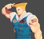  1boy 3d alternate_facial_hair american_flag_tattoo arm_up bara bare_arms bare_shoulders blonde_hair brushing_hair dan_eder dog_tags facial_hair frown goatee guile highres large_pectorals looking_at_viewer male_focus mature_male muscular muscular_male nipples official_alternate_costume pectorals short_hair solo street_fighter street_fighter_6 stubble upper_body zipper 