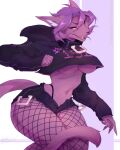  2022 4:5 5_fingers absurd_res anthro breasts clothed clothing collar digital_media_(artwork) domestic_cat felid feline felis female fingers hair hi_res looking_at_viewer mammal midriff navel open_mouth pink_eyes purple_hair smile solo teeth tongue vexstacy 
