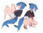  1girl azuumori barefoot black_sailor_collar black_shirt blue_hair breasts closed_mouth english_commentary fish_tail full_body hair_between_eyes highres multiple_views neckerchief one-piece_swimsuit original red_eyes red_neckerchief sailor_collar sandals shark_fin shark_girl shark_girl_(azuumori) shark_tail sharp_teeth shirt short_hair short_sleeves smile squatting swimsuit tail teeth 