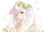 1girl ;o animal animal_ears bangs bare_arms bare_shoulders blush bow bug butterfly commentary_request dress eyebrows_visible_through_hair flower fox_ears fox_girl fox_tail hair_between_eyes hair_flower hair_ornament head_tilt highres kushida_you long_hair looking_at_viewer one_eye_closed original parted_lips petals purple_eyes simple_background sleeveless sleeveless_dress solo tail tail_raised upper_body white_background white_dress white_flower white_hair yellow_bow 