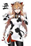  1girl :3 :d ahoge alternate_hairstyle animal_costume animal_ears animal_print bangs bare_shoulders bell black_legwear braid breasts brown_hair chinese_zodiac collar cow_costume cow_ears cow_horns cow_print cow_tail cowbell detached_sleeves dress ear_tag eyelashes eyeliner fake_animal_ears fake_horns fangs fur_trim fushimi_gaku hair_between_eyes hair_flaps hair_ornament hairband hands_up highres horns index_finger_raised long_hair looking_at_viewer low-braided_long_hair makeup mole mole_under_eye nail_polish neck_bell nijisanji o-ring open_mouth pantyhose pink_nails pom_pom_(clothes) pom_pom_hair_ornament print_dress short_dress side_slit simple_background slit_pupils smile tail twin_braids twintails v very_long_hair virtual_youtuber white_background yatozume year_of_the_ox yellow_eyes 
